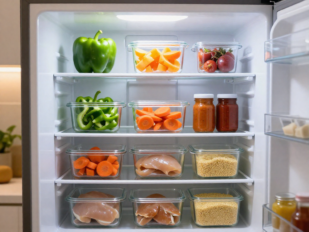 Open refrigerator stocked with clear containers of prepped vegetables, proteins, and grains, neatly organized for the week.