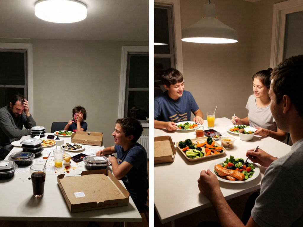 Split view of a family dinner table: one side showing a chaotic evening with takeout and mess, the other showing a calm evening with a home-cooked meal.
