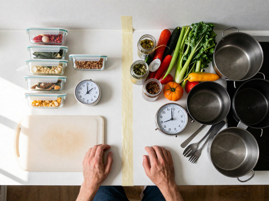 Overhead view of a kitchen counter with organized batch-cooked meals on one side and messy cooking chaos on the other, with timers comparing cooking times.
