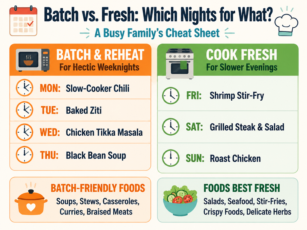 An infographic cheat sheet comparing batch cooking and fresh cooking for a week. Left side: batch & reheat meals for hectic weeknights (Mon-Thu) with examples like slow-cooker chili and baked ziti. Right side: cook fresh meals for slower evenings (Fri-Sun) with examples like shrimp stir-fry and roast chicken. Bottom boxes list batch-friendly foods (soups, stews) and foods best fresh (salads, seafood). Designed for busy families.