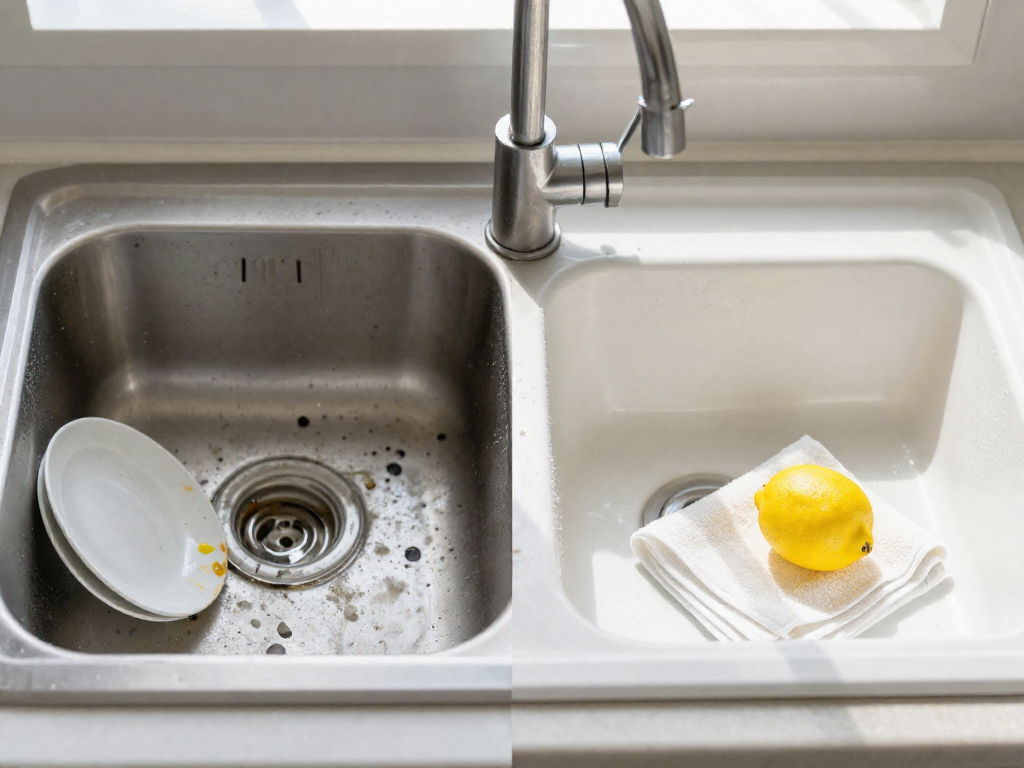 Split image showing a cluttered dirty kitchen sink on the left and the same sink sparkling clean on the right.