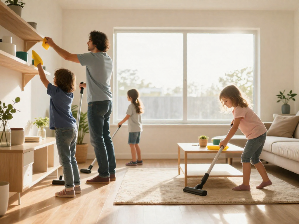 A family of three cleaning a sunny living room, with one person vacuuming, one dusting, and one wiping surfaces.