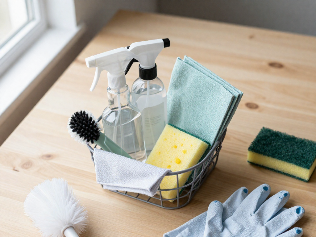 Overhead view of a cleaning caddy containing natural spray bottles, cloths, and a brush on a wooden table.