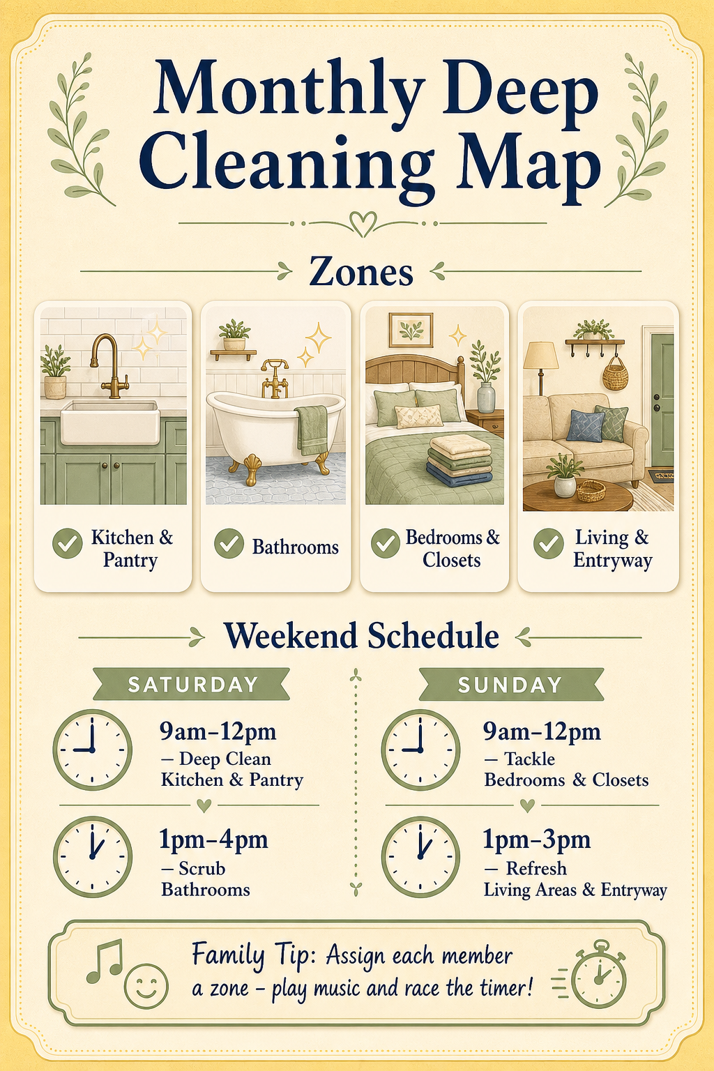 Infographic titled 'Monthly Deep Cleaning Map' showing four cleaning zones with icons: Kitchen & Pantry, Bathrooms, Bedrooms & Closets, and Living & Entryway. A sample weekend schedule splits tasks across Saturday and Sunday with time blocks. Saturday: 9am-12pm Kitchen & Pantry, 1pm-4pm Bathrooms. Sunday: 9am-12pm Bedrooms & Closets, 1pm-3pm Living & Entryway. A tip box suggests assigning each family member a zone.