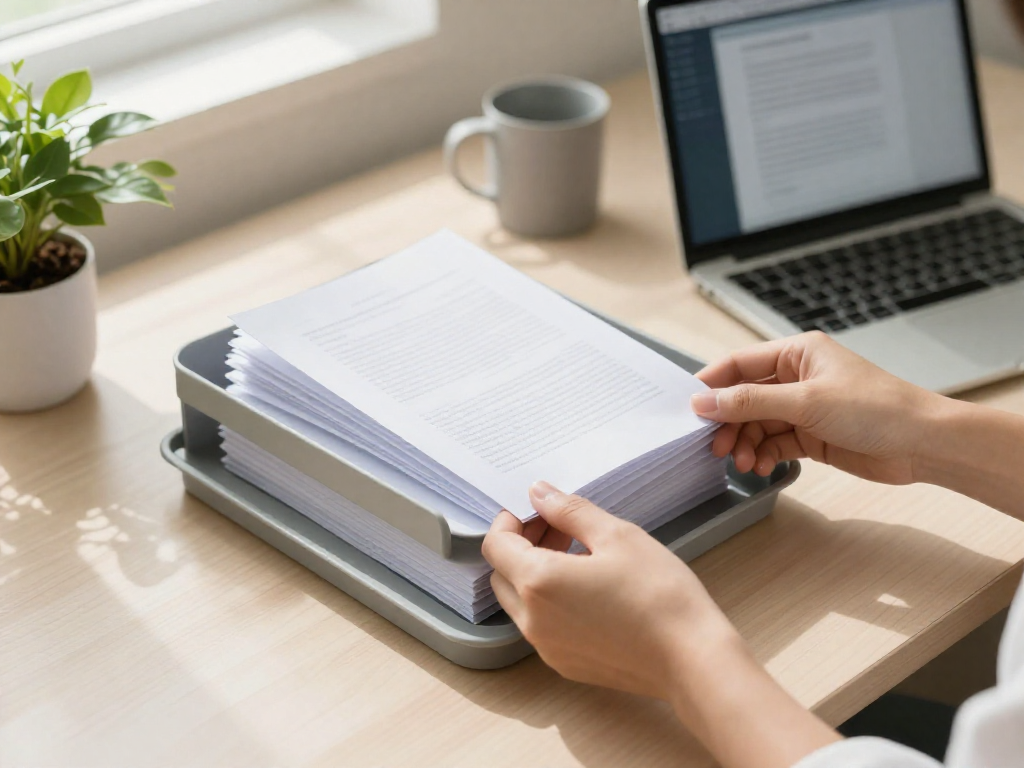 A person's hands sorting papers into trays at a home desk with a laptop, bathed in soft morning light.