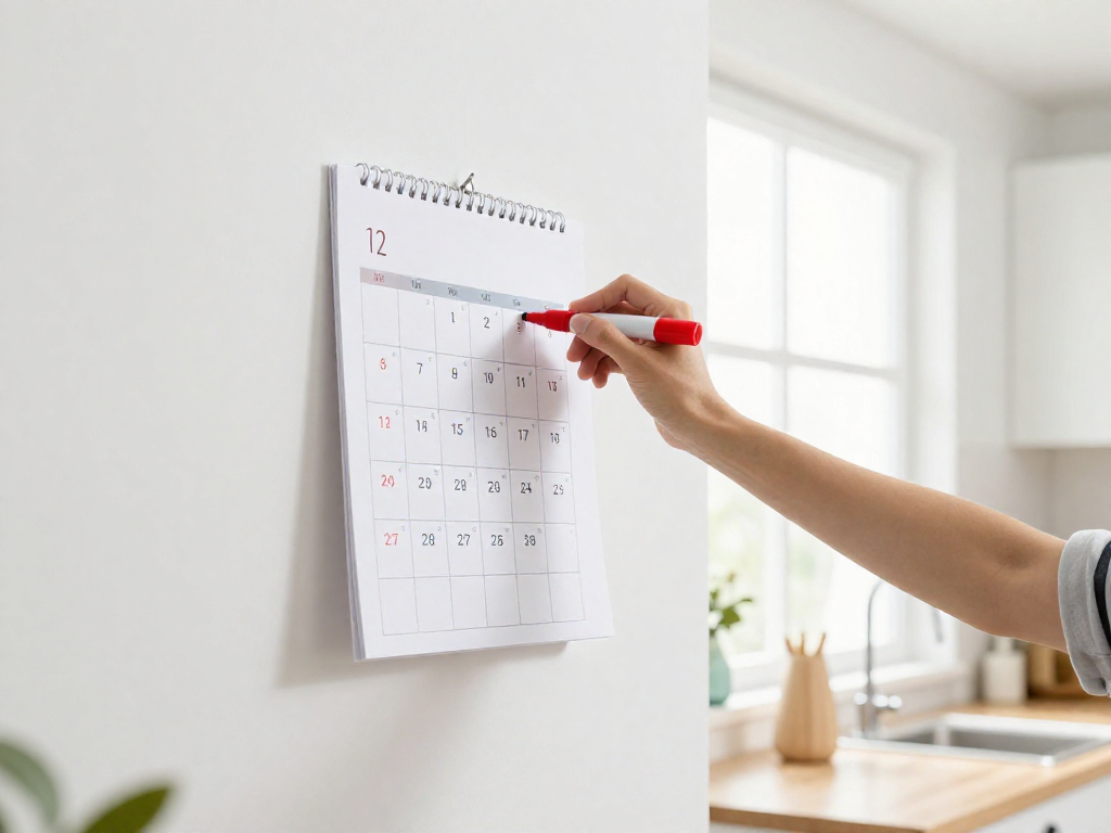 A hand circling a date on a wall-mounted calendar in a bright kitchen.
