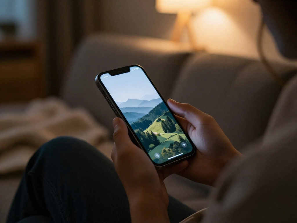 A relaxed hand holding a smartphone with a clear notification-free screen in a cozy evening setting.