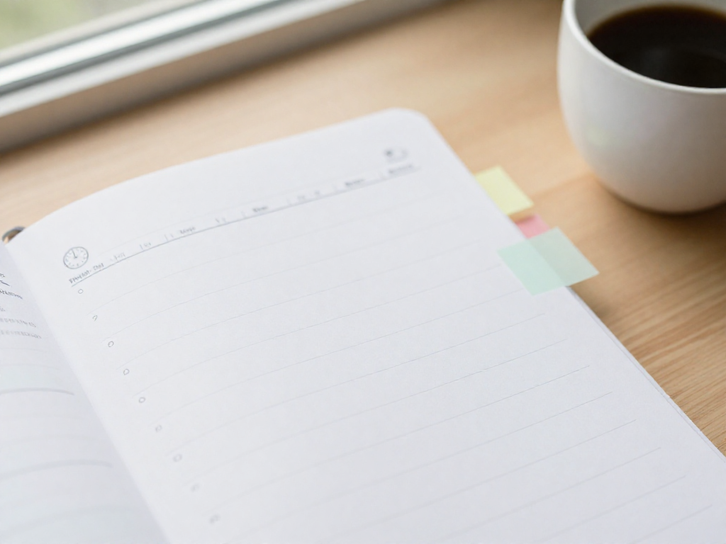 A weekly planner page with time slots and sticky notes.