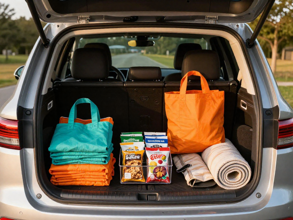 An organized car trunk with reusable bags and a snack caddy.
