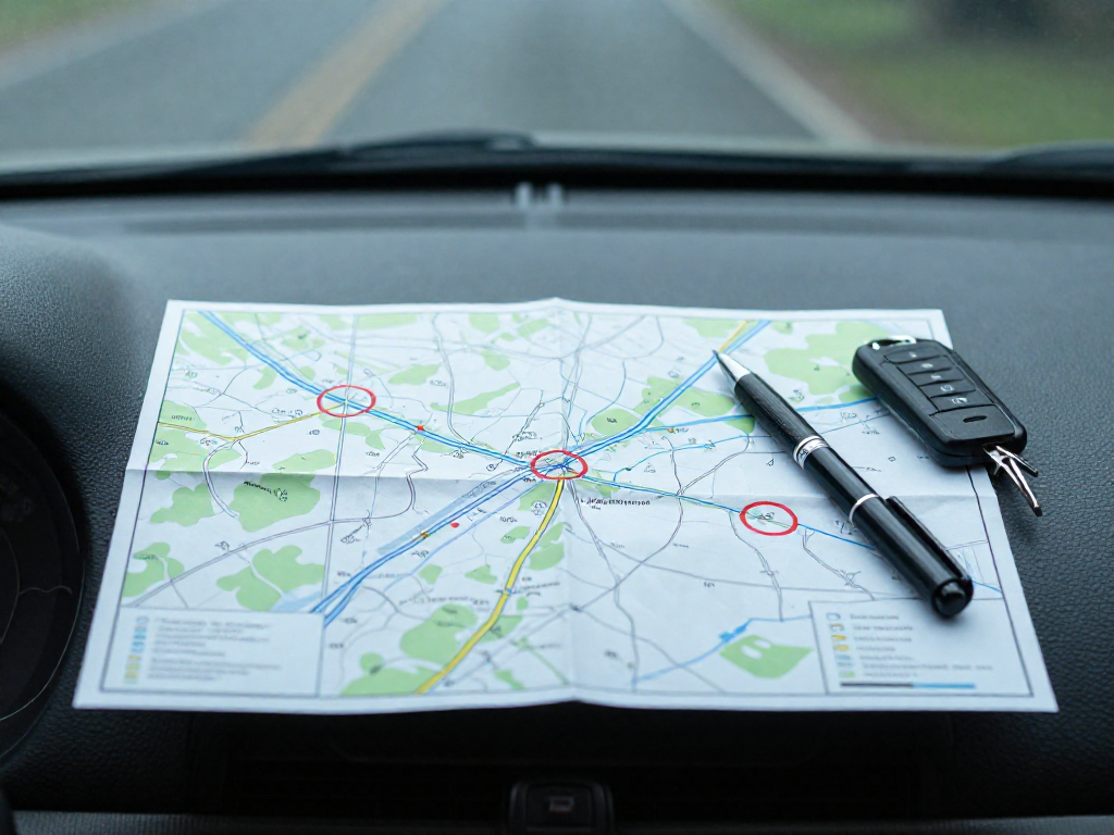 A paper map with three circled locations on a car dashboard.