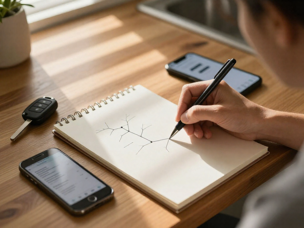 A person's hand drawing a decision diagram on a notepad, with a phone displaying a delivery app and car keys on a table.