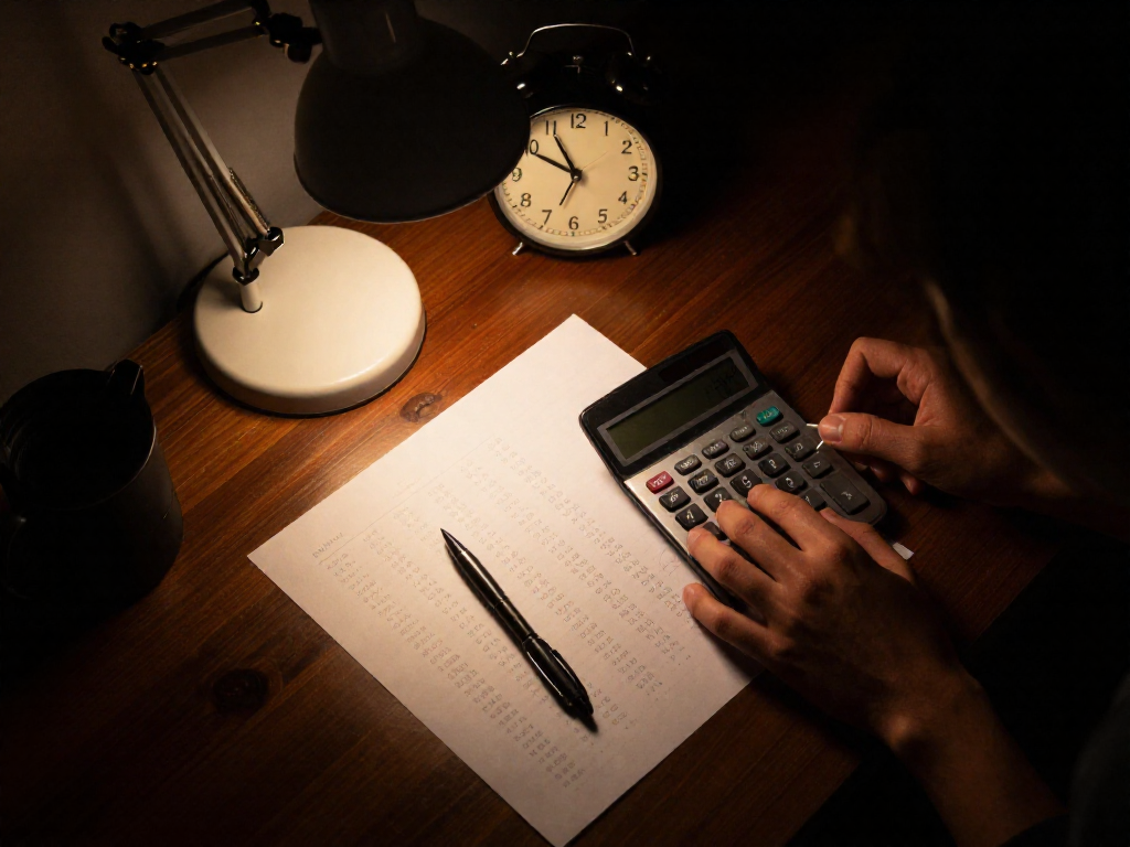 A hand pressing a calculator button on a desk with a paper of numbers and a clock, under a desk lamp.