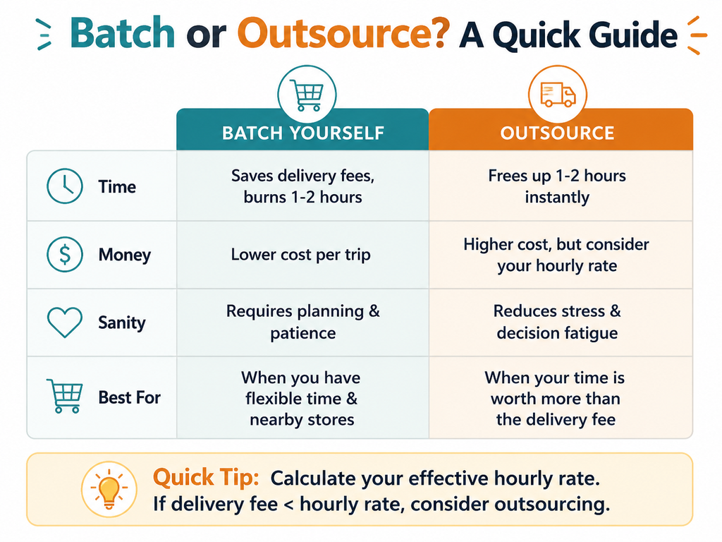 Infographic comparing errand batching versus outsourcing delivery services. Factors include time, money, sanity, and best scenarios. Quick tip at bottom about calculating effective hourly rate.