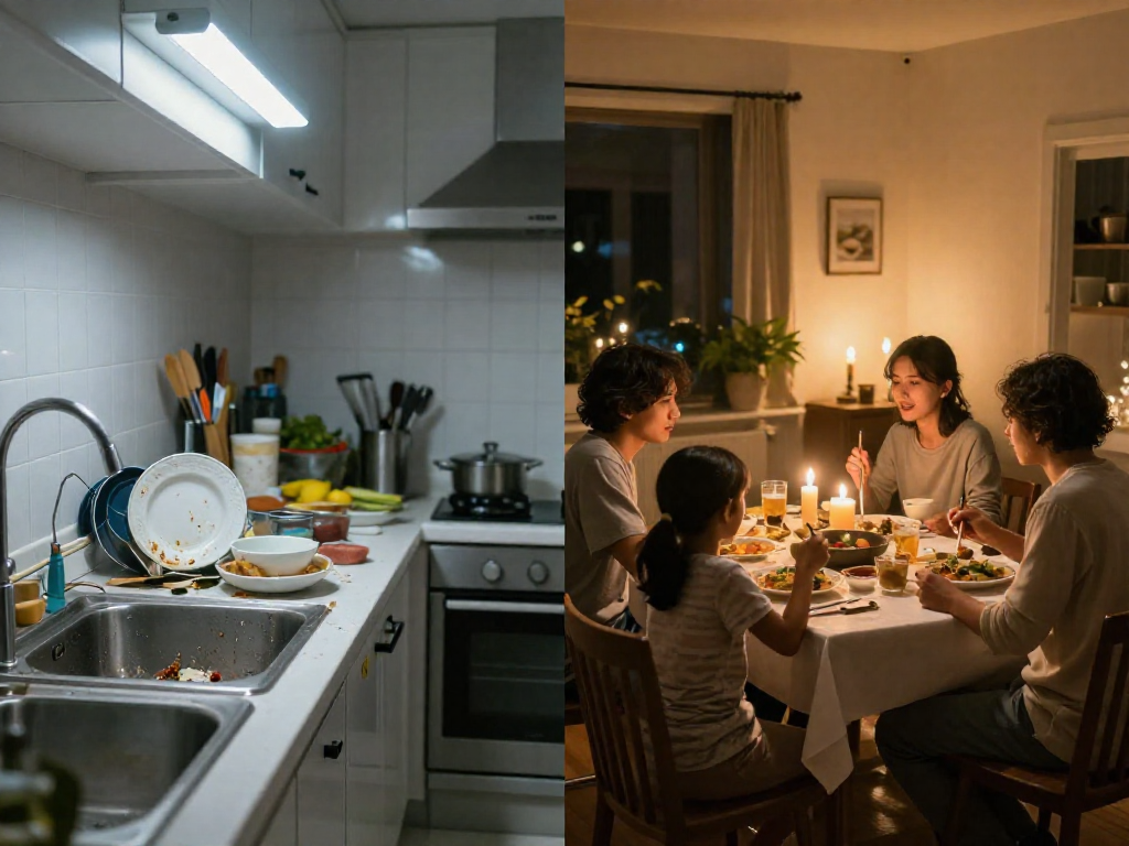 A split photographic image showing a messy kitchen with scattered dishes and ingredients on the left, and a family peacefully eating dinner together at a warmly lit table on the right.