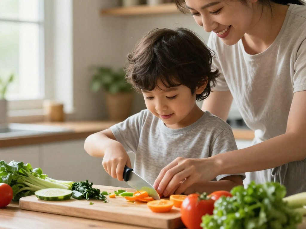 A parent and child smiling while chopping fresh vegetables together at a kitchen counter.