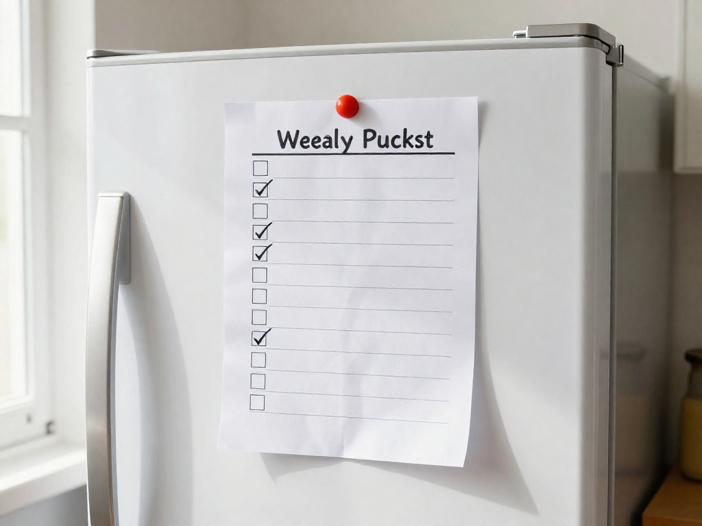 A weekly meal prep checklist with empty checkboxes pinned to a refrigerator in a bright kitchen.