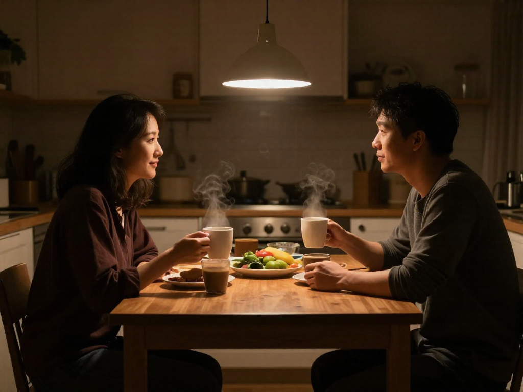 Two parents relaxing with cups of coffee at a dimly lit kitchen table after dinner.