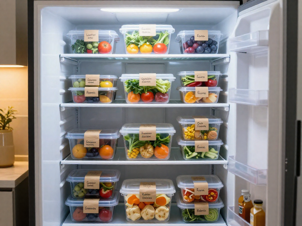 A frost-free freezer neatly stacked with labeled containers and bags of prepped food, showing a variety of colorful ingredients through clear lids.