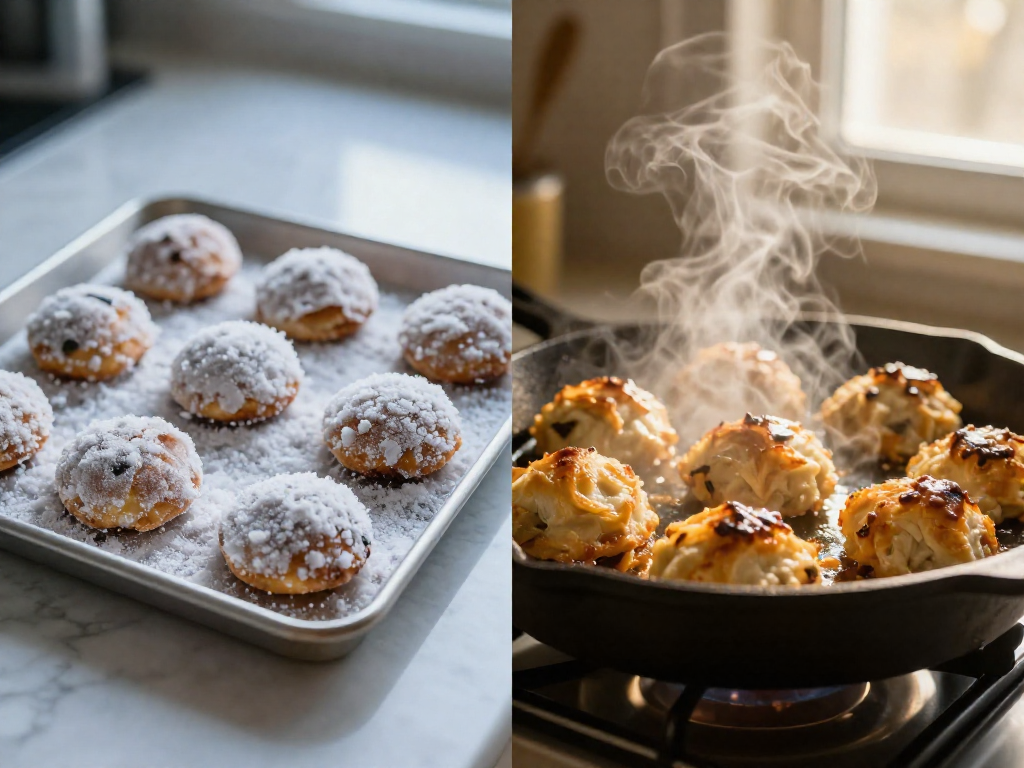 Side-by-side comparison of frozen appetizers on a tray and the same appetizers steaming hot after reheating, arranged on a kitchen counter.