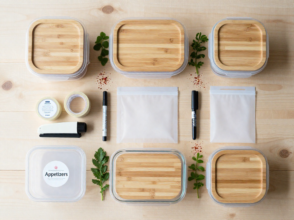 Overhead view of freezer-safe containers, labeling tools, and fresh herbs arranged neatly on a light wood surface.