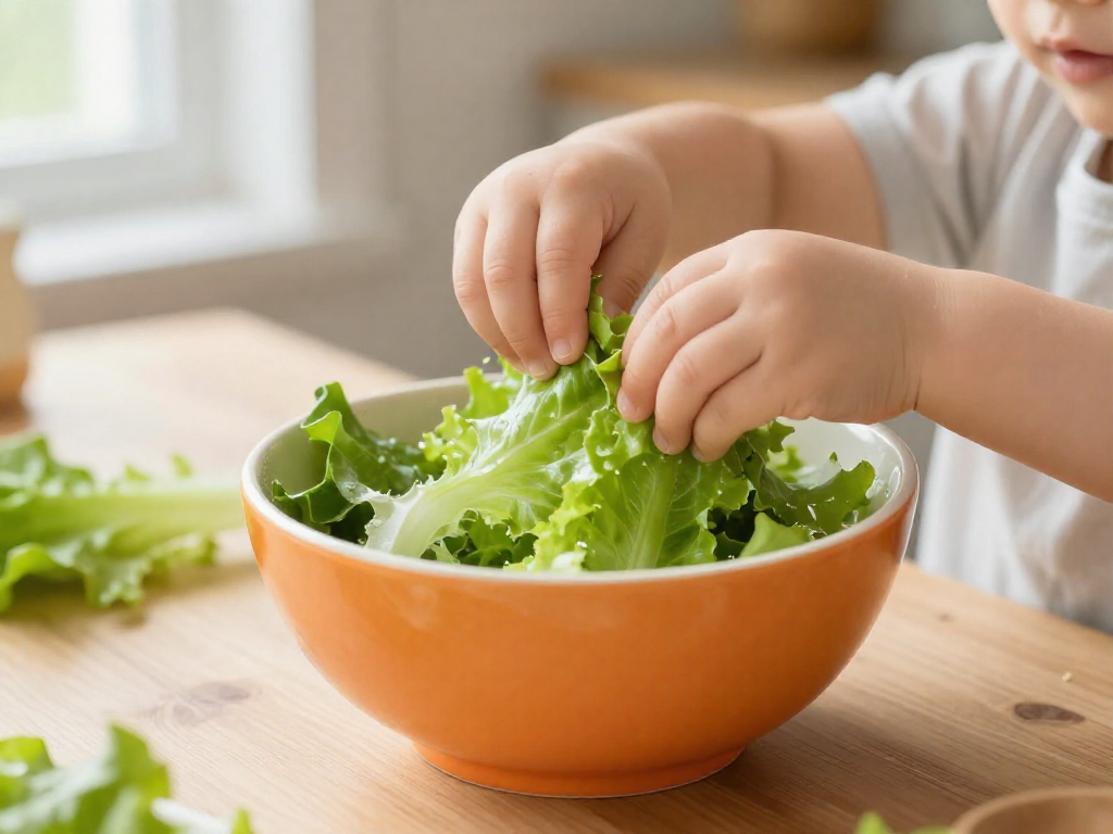 Toddler's hands tearing green lettuce into a bright orange bowl.