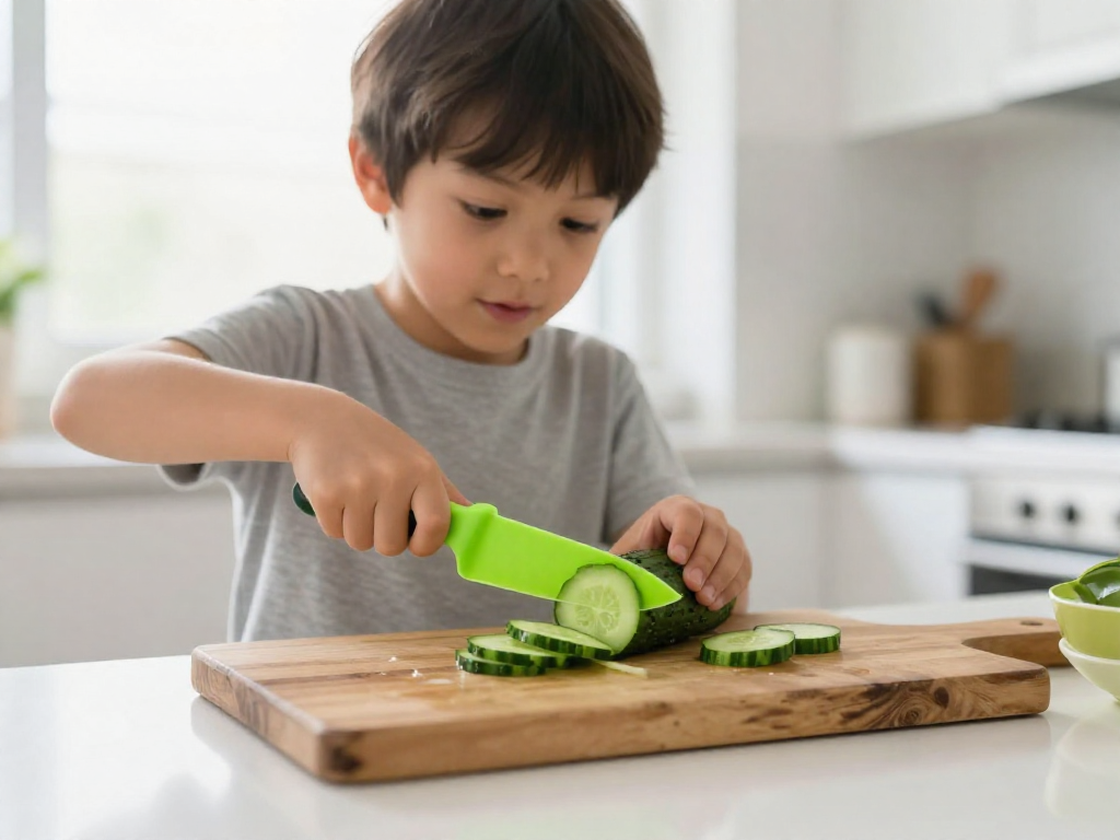 Child using a kid-safe nylon knife to slice cucumber on a wooden cutting board.