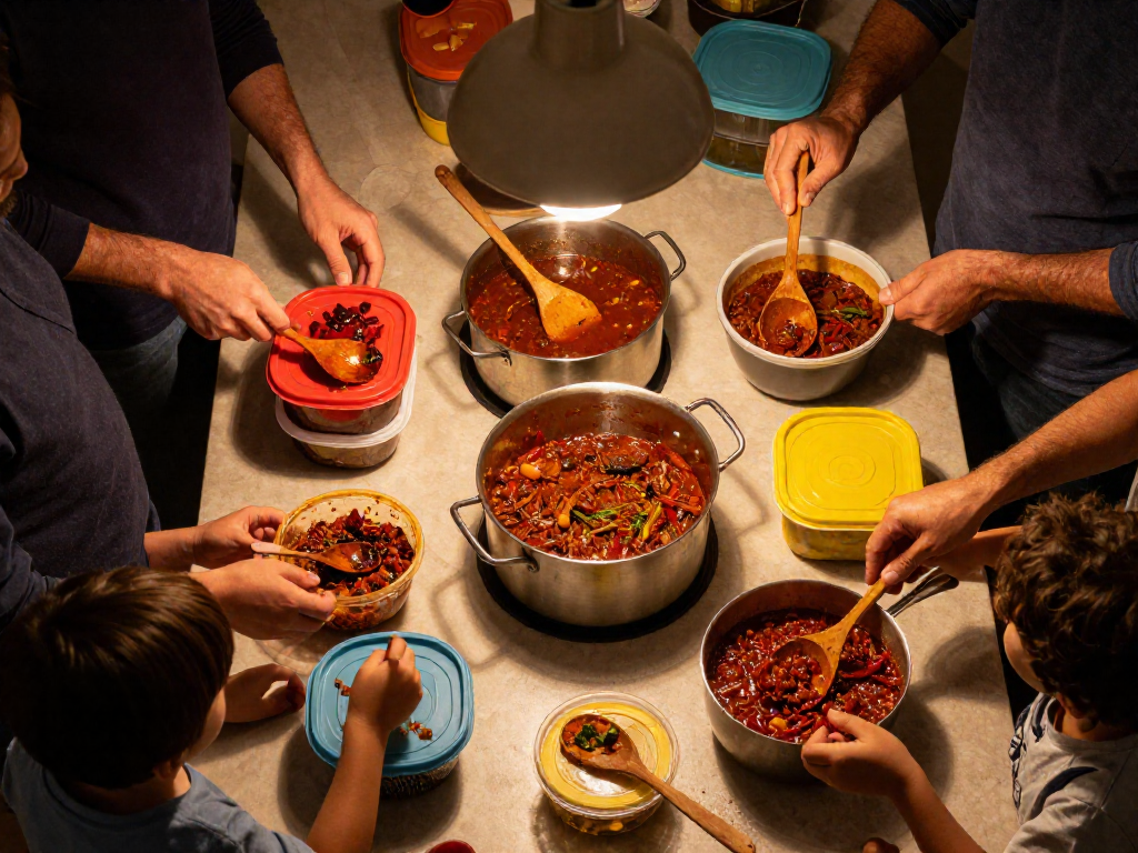 Multiple hands spooning chili into meal prep containers on a kitchen table.