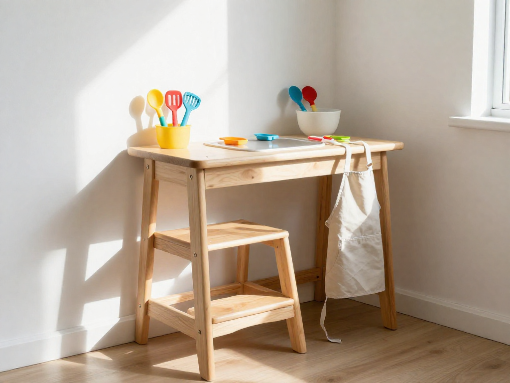 Child's cooking corner with step stool and kid-safe utensils in a sunny kitchen.