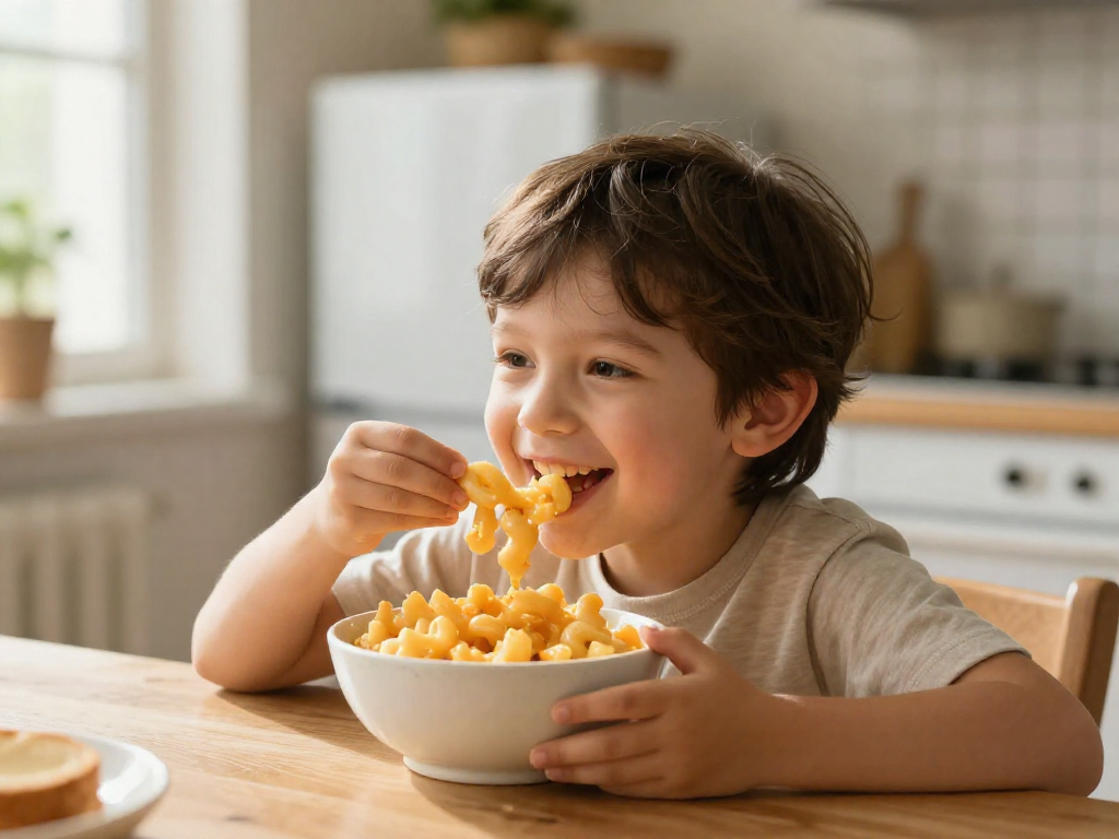A young child happily eating a bowl of mac and cheese at a kitchen table.
