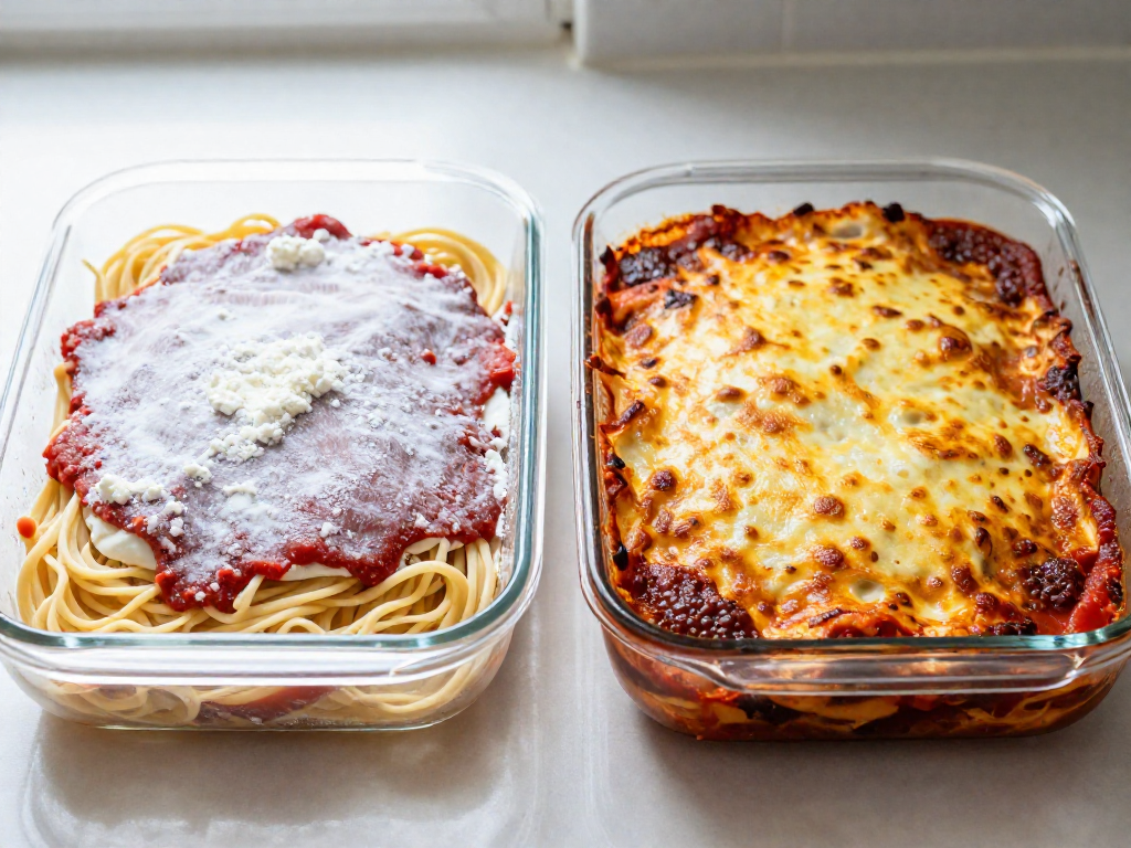 Frozen unbaked lasagna on the left and golden baked lasagna on the right.