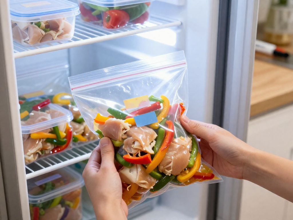 Hands placing a freezer bag with marinated chicken and vegetables into an organized freezer drawer.
