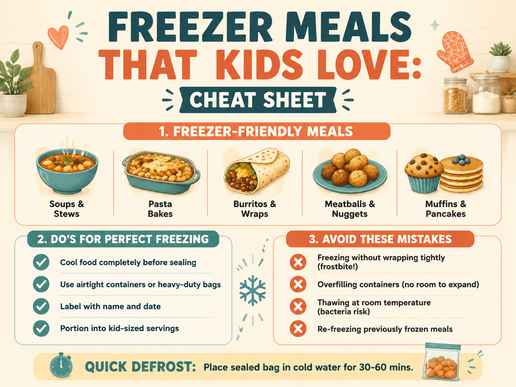 Infographic titled 'Freezer Meals That Kids Love: Cheat Sheet' summarizing freezer-friendly meals like soups, pasta bakes, and burritos; do's such as cooling food before sealing and labeling; mistakes to avoid like overfilling containers; and a quick defrost tip using cold water.