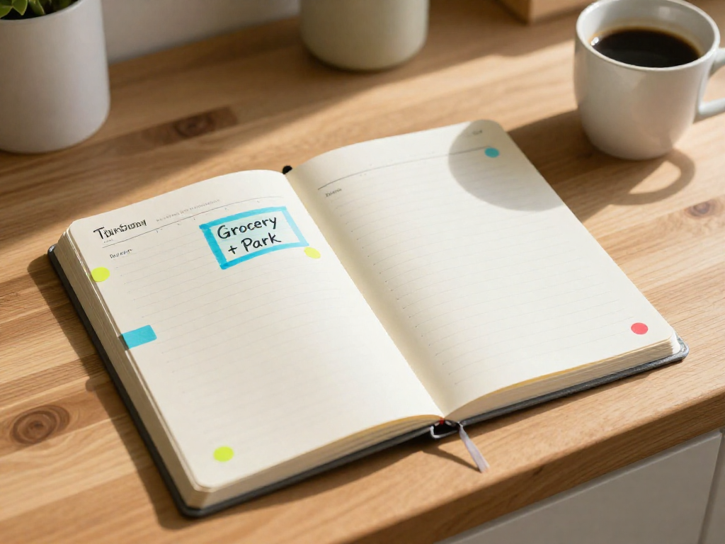 A weekly planner page open on a kitchen counter with Thursday highlighted for a combined grocery shopping and park visit.