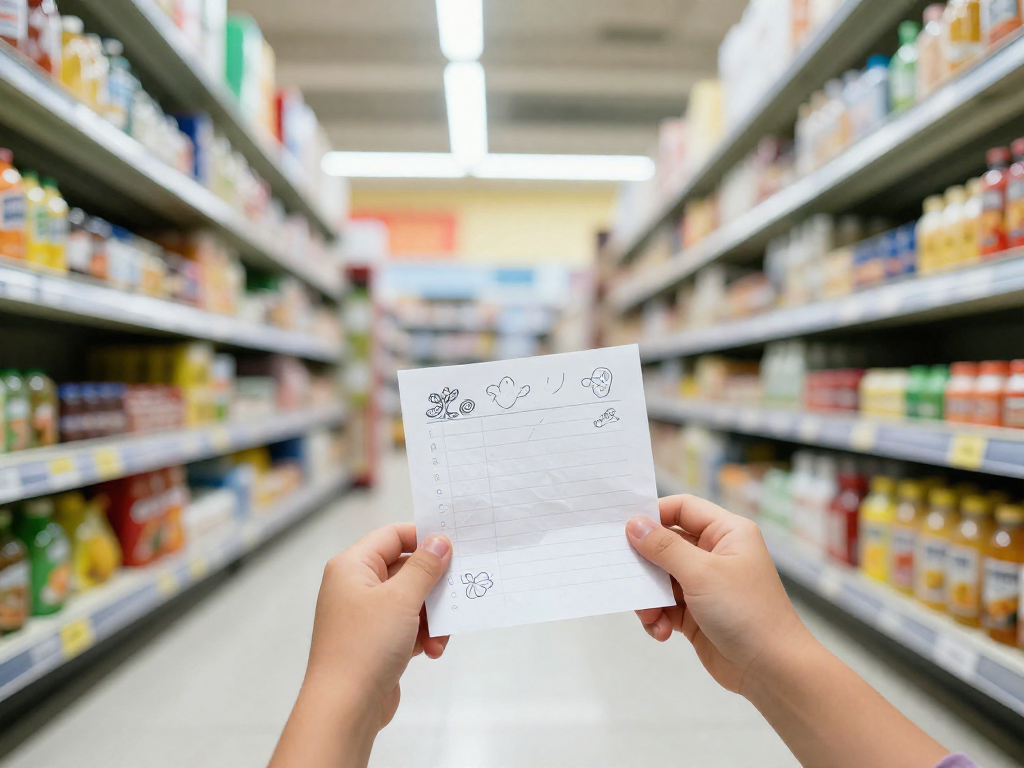 A child's hands holding a small crumpled shopping list in a colorful supermarket aisle.