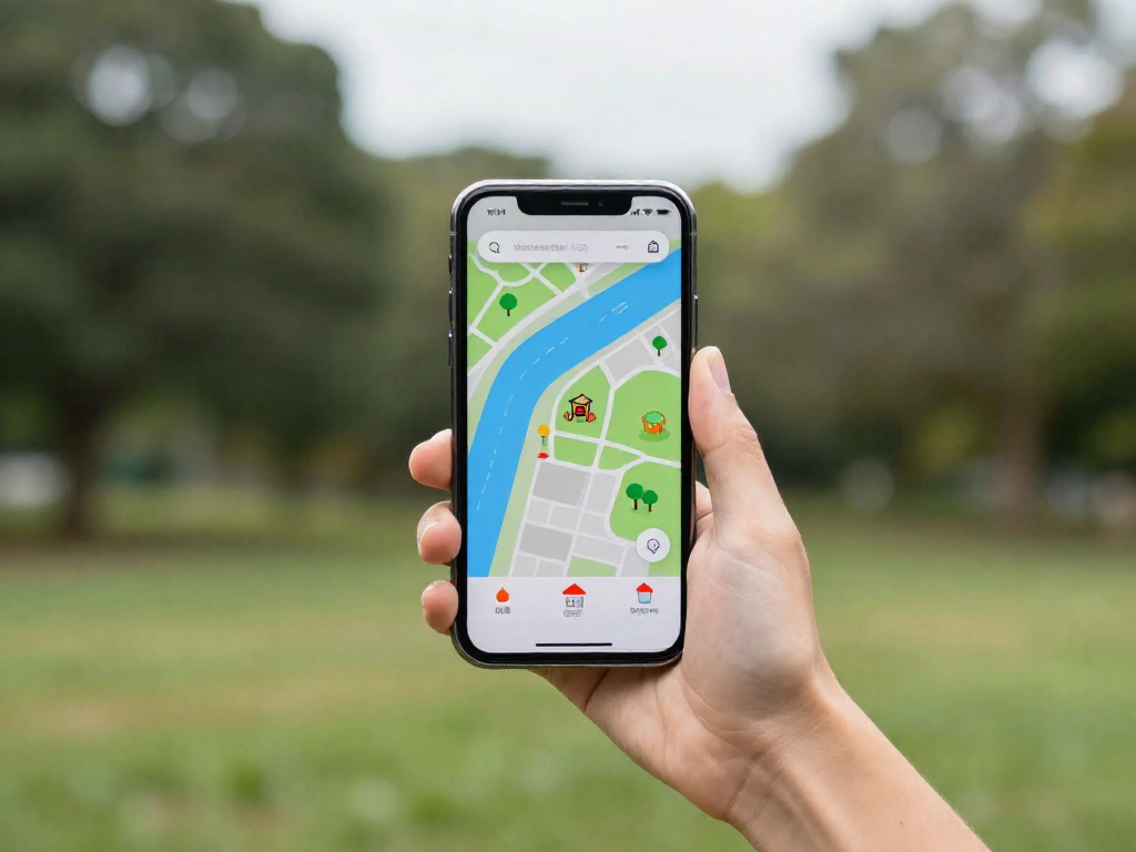 A smartphone showing a map with icons indicating a playground and a grocery store, held in an outdoor setting with trees in the background.