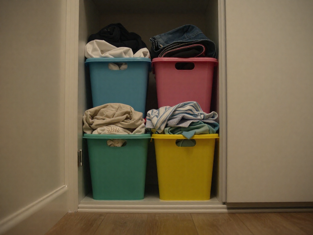 A compact laundry hamper with four colorful compartments sits inside a closet, partially filled with clothes.