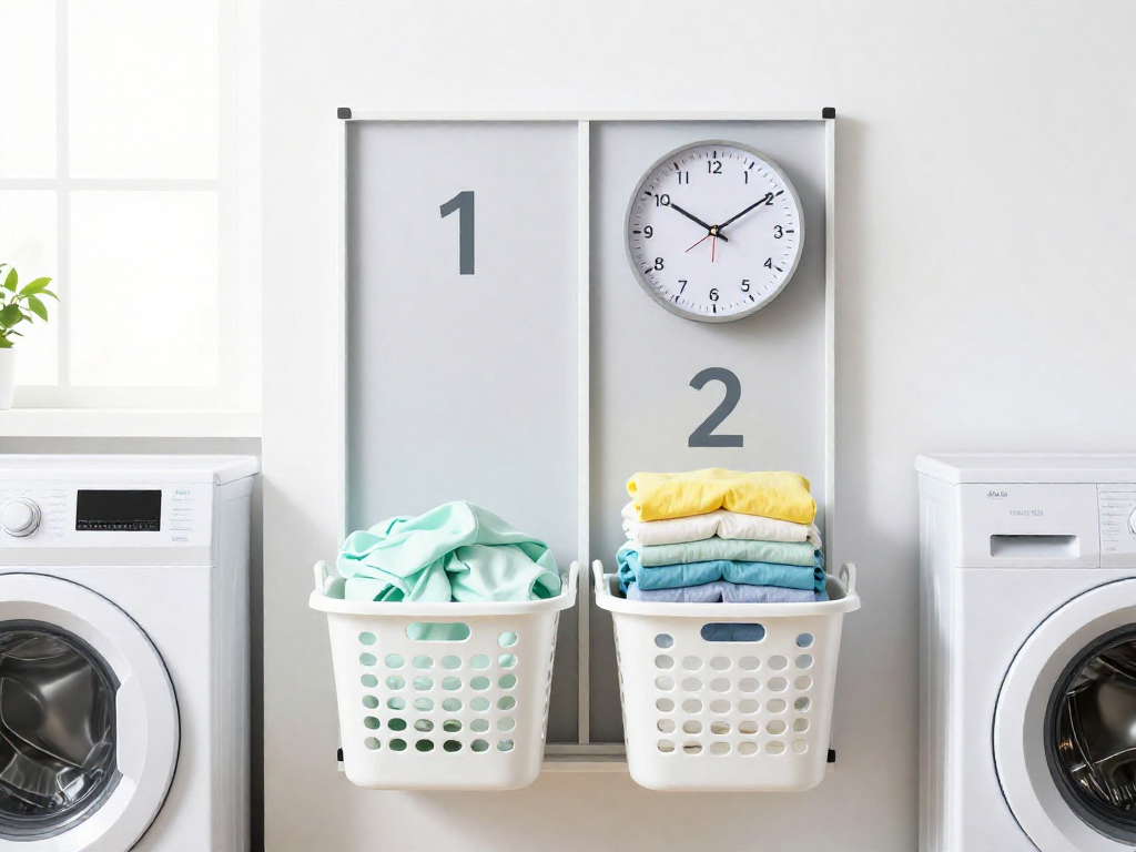 A laundry room wall board shows a two-day laundry schedule with a basket of wet clothes and a basket of folded clothes, next to a washing machine.