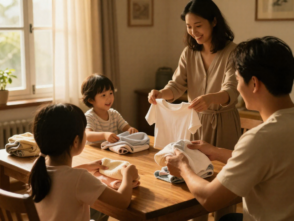 A family sits around a dining table folding laundry together, bathed in warm evening light.