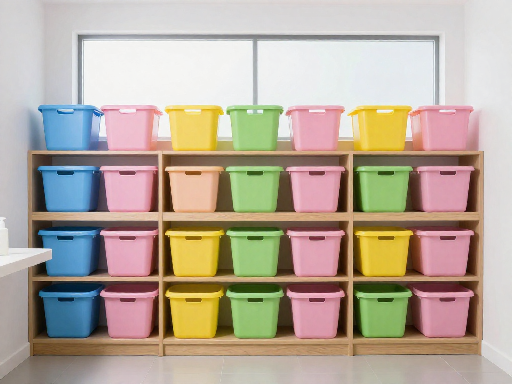 An organized laundry station with color-coded baskets on shelves, each designated for a family member.