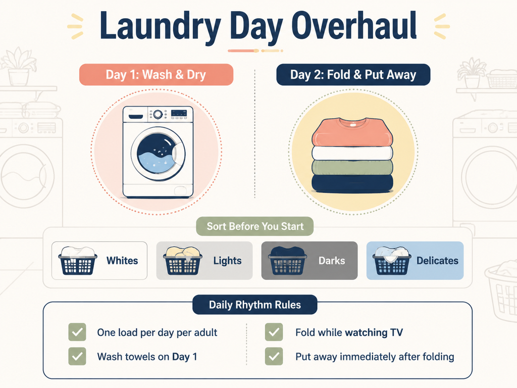 Infographic summarizing a laundry batching system for a family of four. It features a two-day rhythm: Day 1 is Wash & Dry with a washing machine icon, Day 2 is Fold & Put Away with a folded clothes icon. Below are four color-coded hamper labels for sorting: Whites, Lights, Darks, and Delicates. A checklist of daily rhythm rules includes points like one load per day per adult and folding while watching TV. Designed as a quick-reference cheat sheet with a warm, homey color palette.