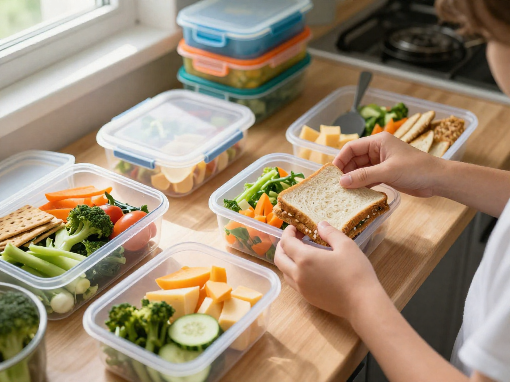 Parent's hands assembling a lunchbox on a kitchen counter filled with portioned ingredients in clear containers.