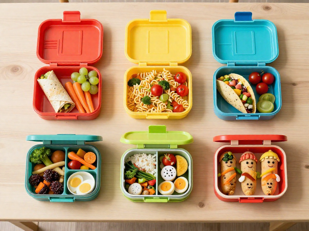 Five lunchboxes with different meals each, arranged on a table to show a weekly meal plan.