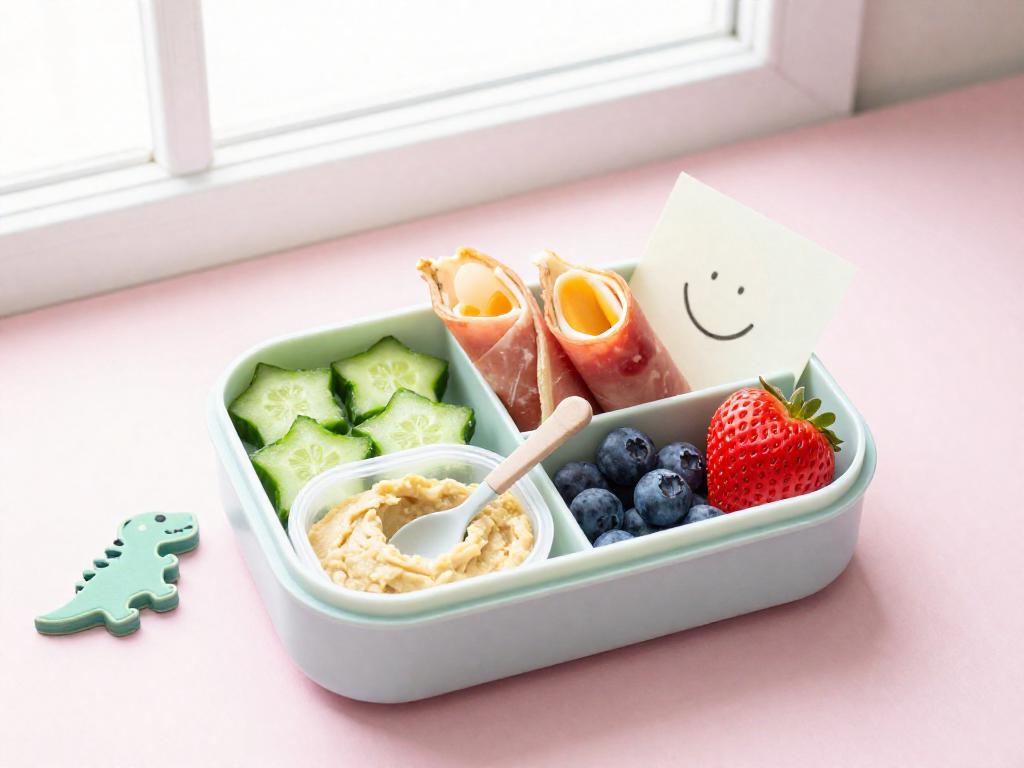 Bento box with creative food shapes and a small smiley note, laid on a pastel pink background.