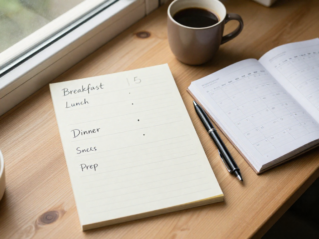 Overhead view of a filled 5-slot meal planning sheet and an open weekly calendar on a wooden table, with a pen and coffee cup.