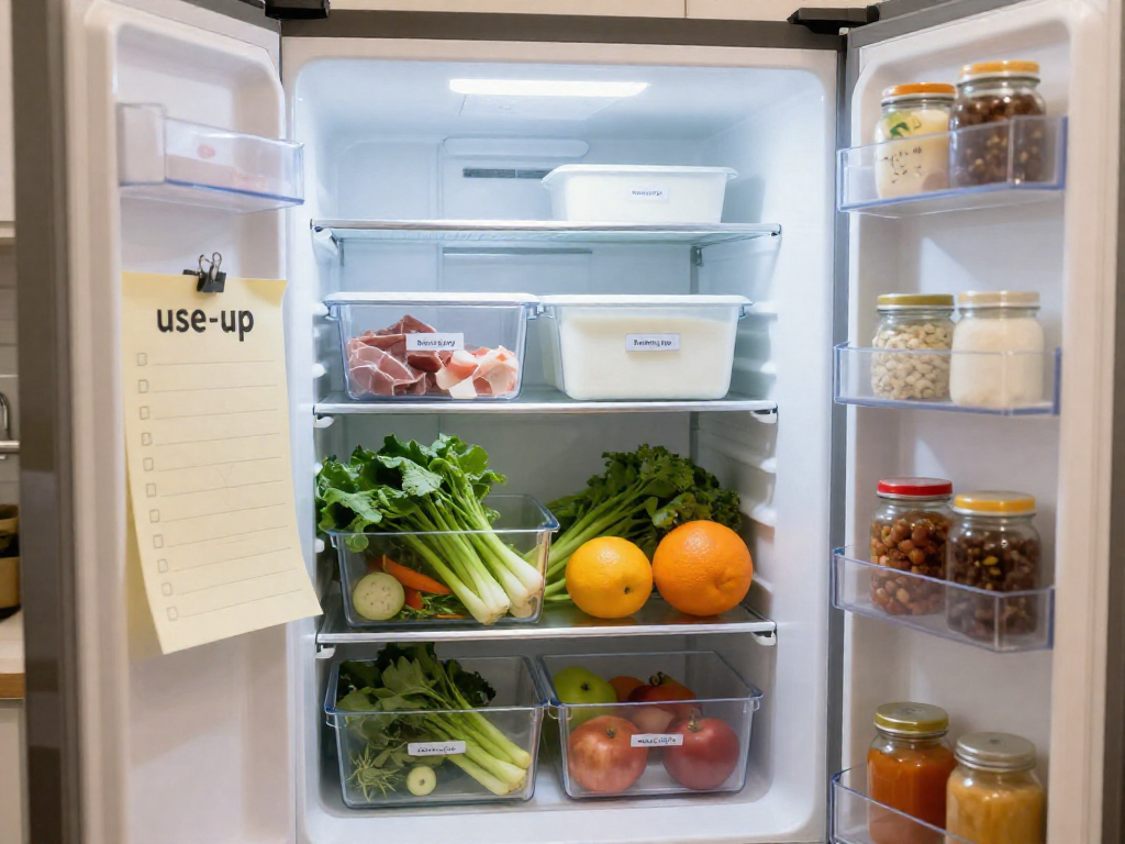 Open refrigerator with labeled clear bins for different food categories and a use-up list clipped to the front.