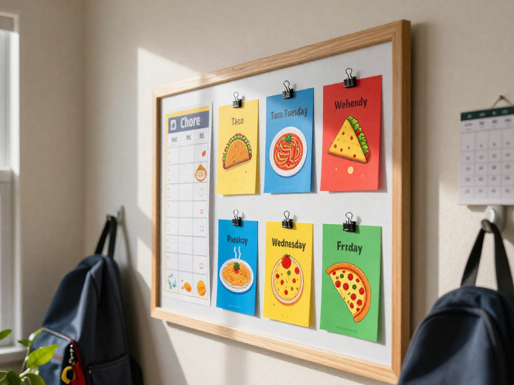 Family command center board displaying theme night cards for each day of the week, with a chore chart and calendar nearby.