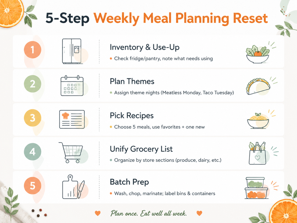 An infographic illustrating a 5-step weekly meal planning method: 1) Inventory and use-up, 2) plan theme nights, 3) pick recipes, 4) unify grocery list, 5) batch prep. Each step has an icon and a short description.