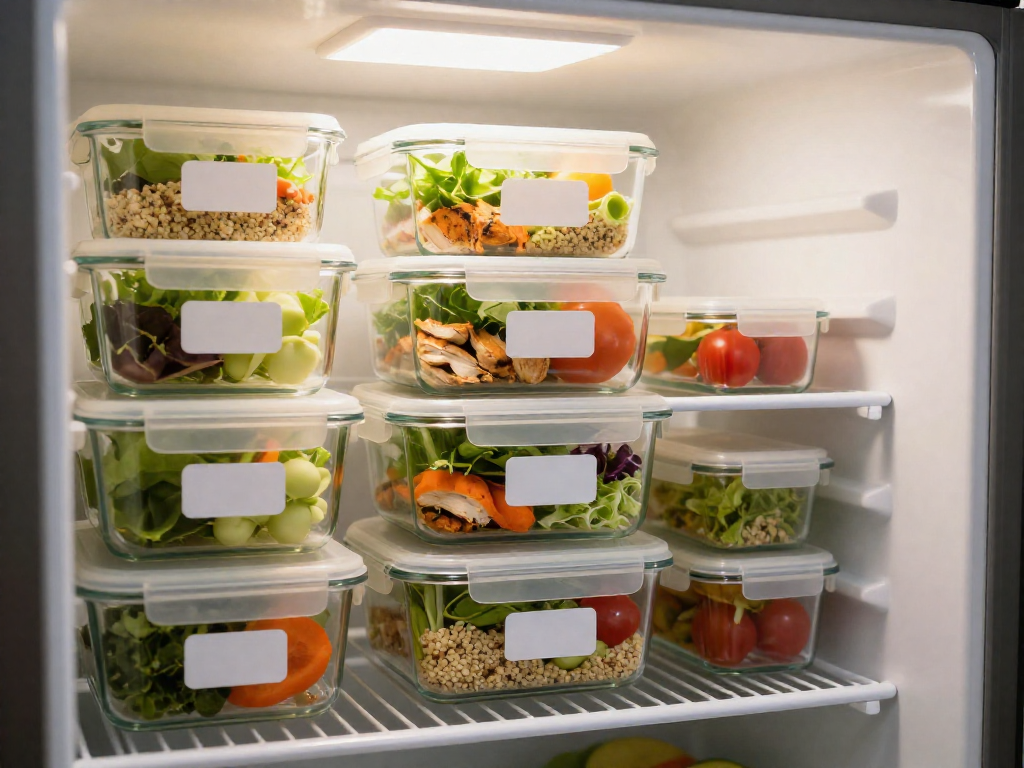 A refrigerator shelf with multiple clear glass meal prep containers neatly stacked and filled with colorful healthy foods.