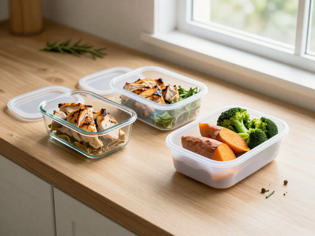 Three meal prep containers made of glass, plastic, and silicone, each with the same meal of chicken, sweet potato, and broccoli, placed side by side on a wooden counter.