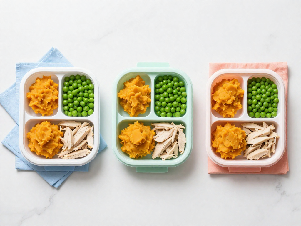 Three compartment meal prep containers with different portion sizes, resting on pastel napkins, demonstrating toddler, child, and adult servings.